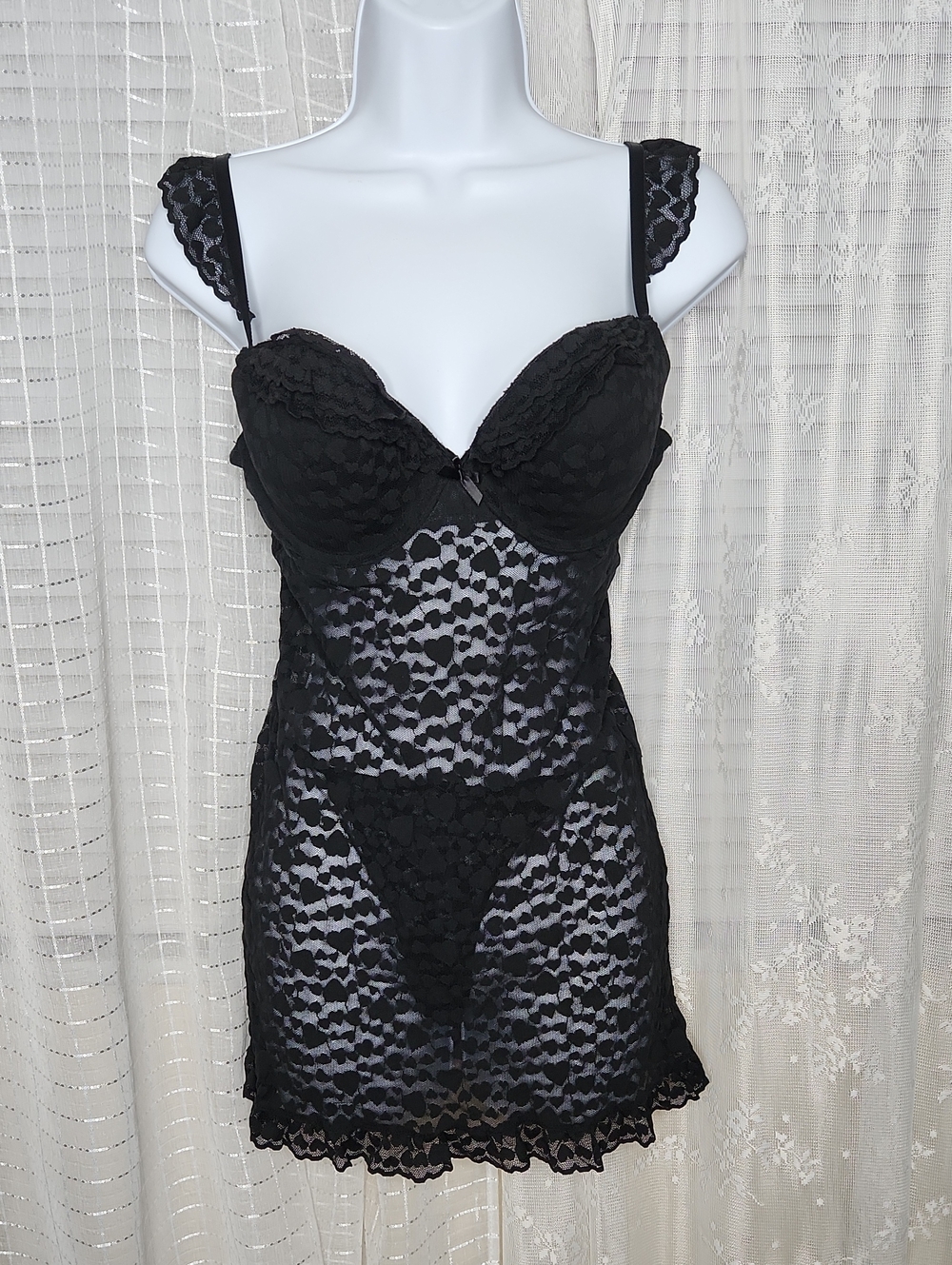 VICTORIA'S SECRET Lacie Black Lace Hearts Ruffle Push-Up Lingerie Slip Set  SzLG